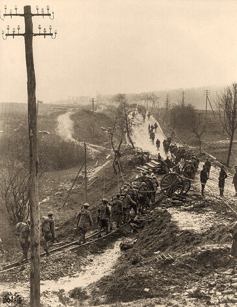 U.S. Army in France: Line of soldiers on muddy road