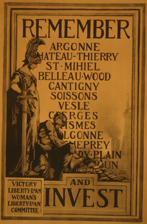 Poster showing a figure presenting a sack of large coins to a helmeted female figure bearing a sword.